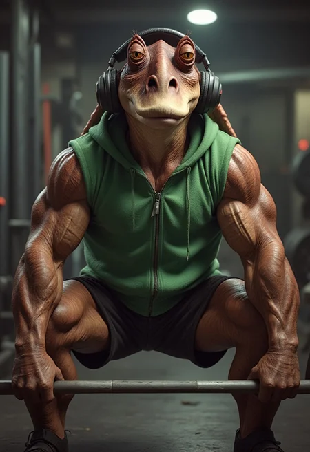 An extremely muscular, over-the-top, roided-out Gungan in a trendy, vibrant green hoodie with sleeves rolled up, exposing comically exaggerated, bulging biceps and veins. He's wearing large headphones, focused intensely, doing a deadlift with an enormous barbell.