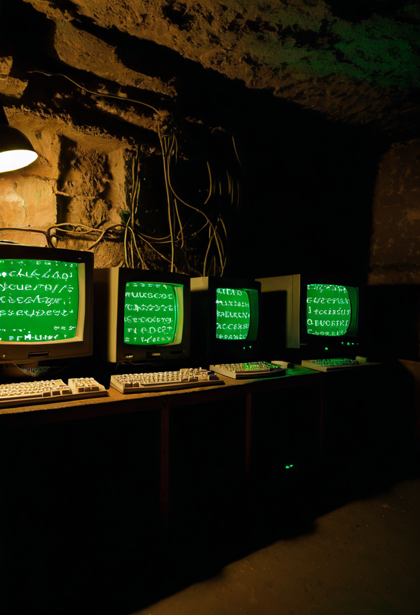 An underground hacker's den filled with old CRT monitors displaying code <lora:Epic_ZZT_Ultra_XL:1.2>