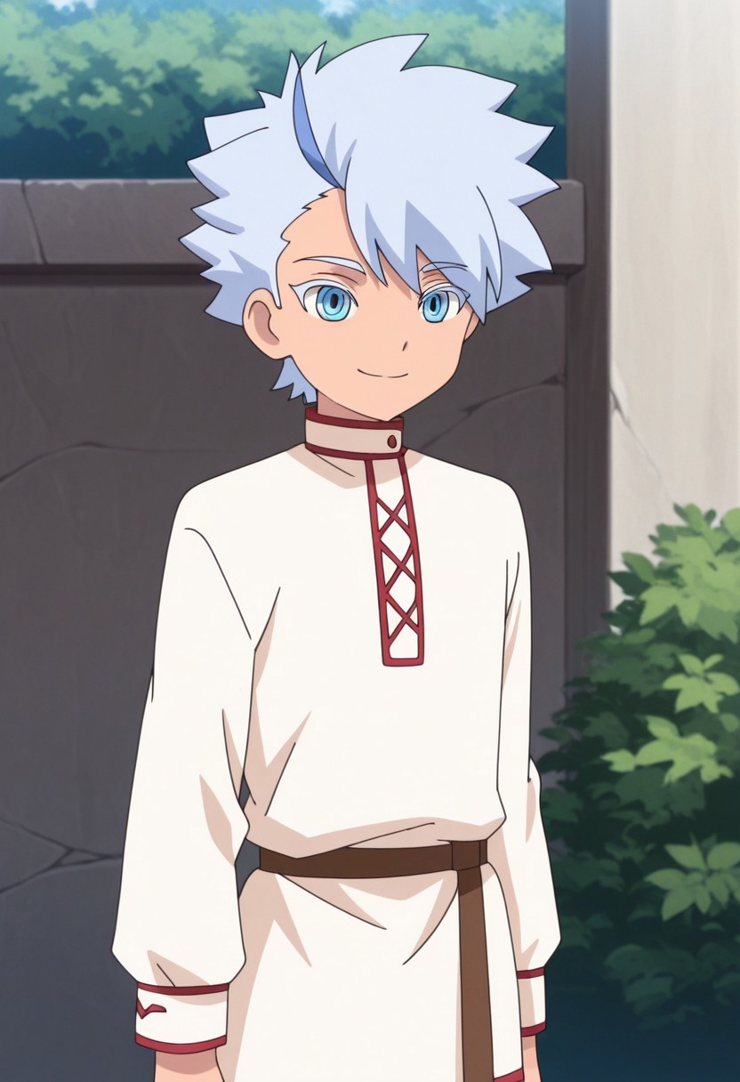 masterpiece,best quality,amazing quality, source_anime,
FroyGirikanan, 1boy, male focus, solo, blue eyes, multicolored hair, grey hair, blue hair, tunic, white tunic, long sleeves,  smile,
outdoor,
