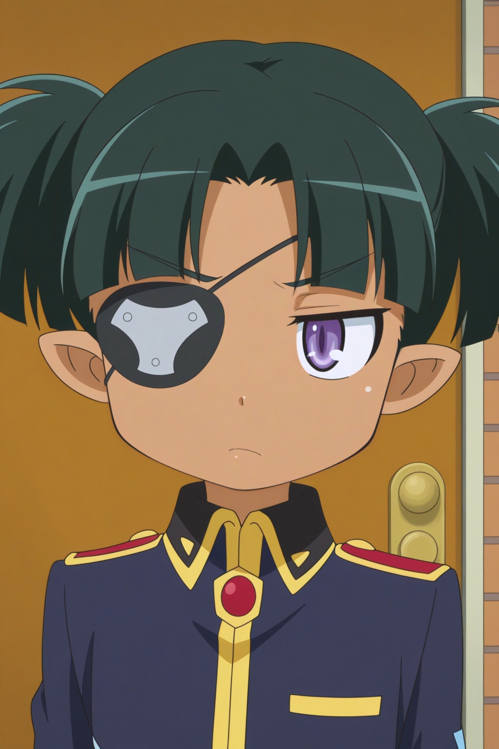 isadora finnsdottir, eyepatch, uniform, anime coloring, front view <lora:Astarotte_no_Omocha_-_illustriousv0:0.8>