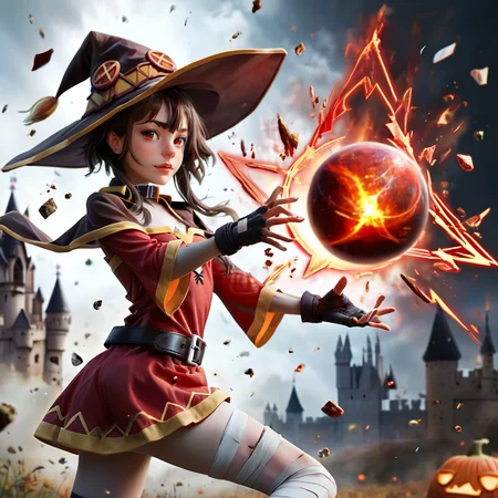 score_9. score_8_up, score_7_up, score_6_up, score_5_up, score_4_up,
<lora:Megumin_Pony:1> , Megumin, short_hair, sidelocks, brown_hair, red_eyes,