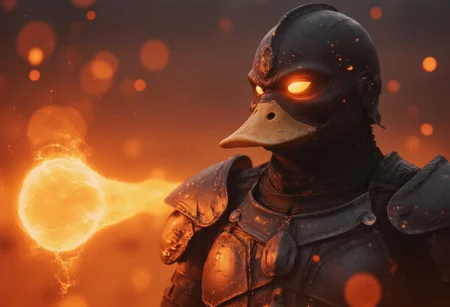 An action scene shot captures a dark, menacing towering fluffy black duck knight in the heat of an intense, action-packed battle, reminiscent of gritty realism from an old analog camera. The knight’s intricately designed, battle-worn helmet reflects the eerie magical, ethereal glow of its weapon—a massive, twisted plunger. The rubber cup crackles with dark energy, gathering ominously at its rim, where a glowing orb of faded bleaked orange light pulses with immense, destructive power. This energy radiates along the plunger's handle, casting a ghostly orange glow that illuminates the knight’s helmet and armor, creating stark contrasts between light and deep shadows. Wielding the plunger with both wings, the duck knight is fully focused on offense, the absurdity of its weapon only amplifying the surreal nature of the battle. The glow from the plunger accentuates the intricate details of its armor, casting long shadows that flicker across the lone desert battlefield amidst the dunes.