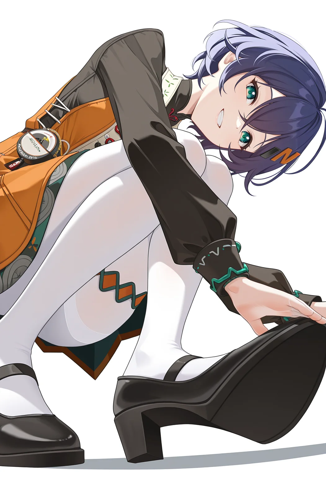 <lora:belle_illustrious-000038:1>,
belle \(delicate_daylight\),belle,solo,smile,pantyhose,looking at viewer,white background,full body,simple background,long sleeves,grin,dress,orange dress,white pantyhose,shadow,shoes,shirt,black footwear,black shirt,crossed bangs,hairclip,squatting,teeth,ahoge,high_heels,single thigh strap,foreshortening,from_below,foot_focus,