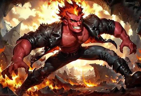 score_9, score_8_up, score_7_up, score_6_up, concept art, dynamic angle, landscape of hell, a male demon, red skin, demon, punk hair, round face, small nose, thick eyebrows, big lips, perfecteyes, small eyes, smirking, wearing a leather jacket, wearing leather pants, black t shirt, black boots, breathing fire, fighting with fire, surrounded by dragons, surrounded by flames, in hell, male focus, male only