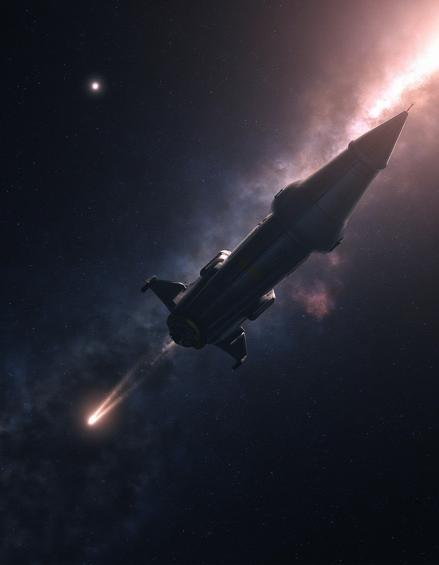 Cinematic sci-fi SFX photo of a rocket ship passing a comet among the multitudes of stars in deep space. The glow of a distant nebula is faintly seen in the far distance.