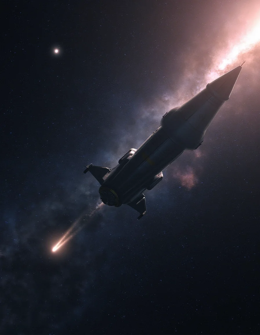 Cinematic sci-fi SFX photo of a rocket ship passing a comet among the multitudes of stars in deep space. The glow of a distant nebula is faintly seen in the far distance.