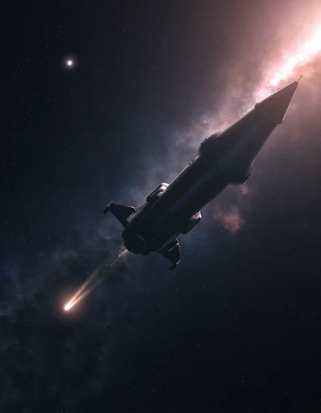 Cinematic sci-fi SFX photo of a rocket ship passing a comet among the multitudes of stars in deep space. The glow of a distant nebula is faintly seen in the far distance.