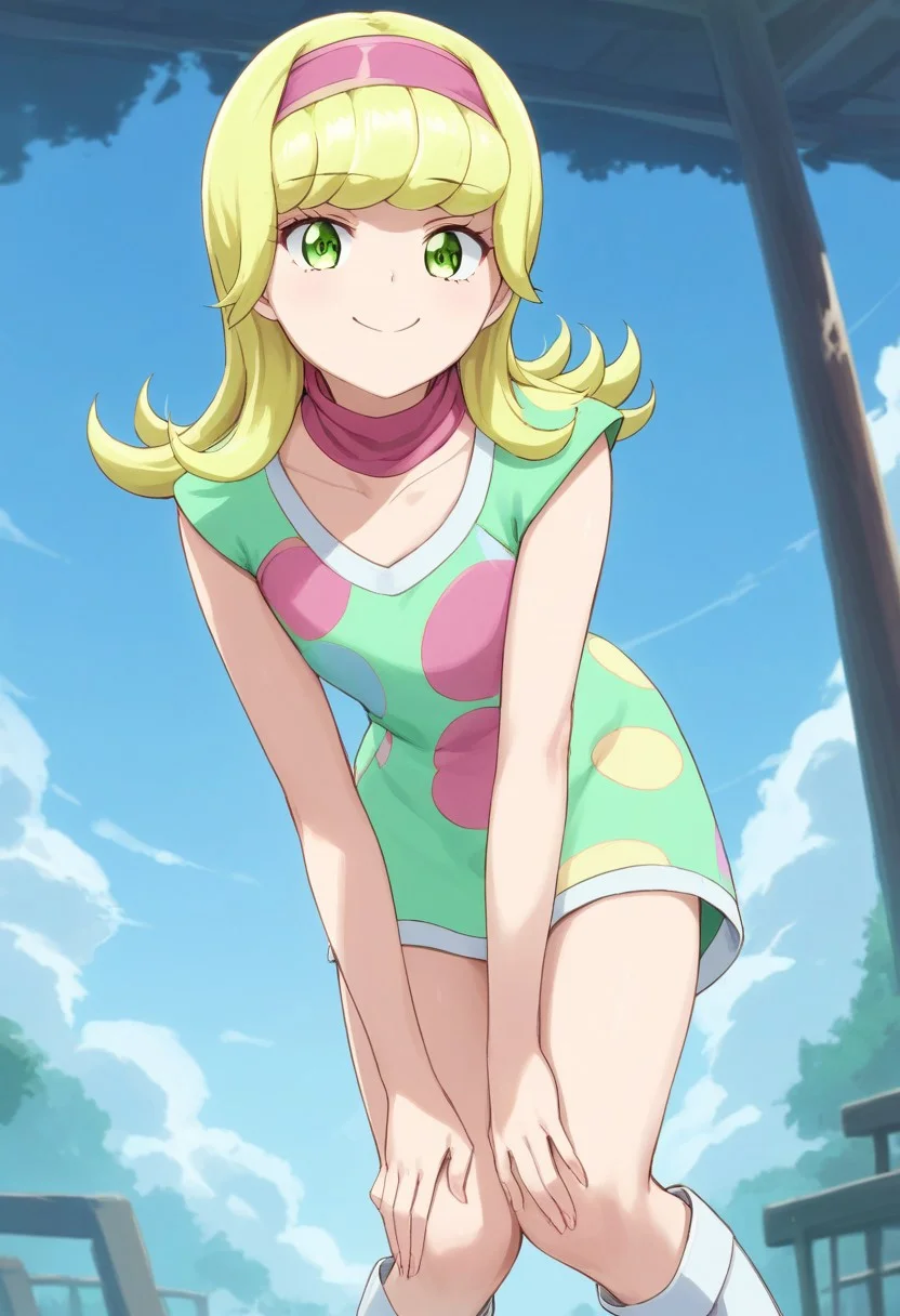 score_9, score_8, score_7_up, yuna goha, long hair, blonde hair, swirly bangs, green eyes, pink headband, happy face, pink headband, green dress, polka dot-patterned dress, pink scarf, thighs, white boots, outdoors, hands on knees, slightly leaning forward, looking at viewer,