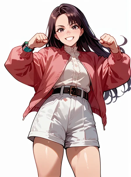 score_9, score_8_up, score_7_up, score_6_up,source_anime anime screencap,  anime coloring,   <lora:PinkTurbo:1>pinkturbo, 1girl, long hair, solo, pantyhose, jacket, skirt, belt, smile, shorts, wristwatch fighting stance,  looking at viewer, simple background,   thick thighs,