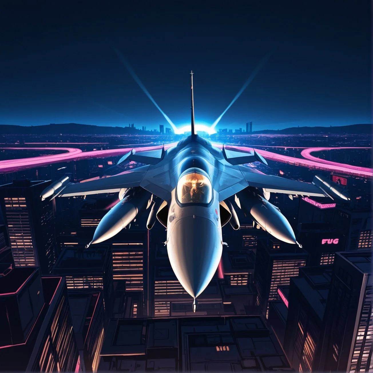 <lora:F-16_Illustrious:1>,f-16, flying over city at night, neon lights below, cyberpunk skyline, dark sky, glowing cockpit, jet engine flare, urban environment, cinematic perspective, anime cityscape, masterpiece, best quality, amazing quality