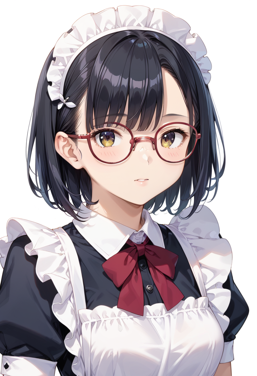 score_9, score_8_up, score_7_up, rating_safe, masterpiece, best quality, absurdres, unity 8k wallpaper, official art, official style, source_anime, uncensored, game cg, megami magazine,
1girl, solo, black hair, medium hair, upper body, covered eyes,maid, maid headdress, black dress, maid apron, face focus,
round_glasses22A, glasses, still life, white background, simple background, red-framed eyewear
 <lora:glasses_Round_PONY_V1:1>