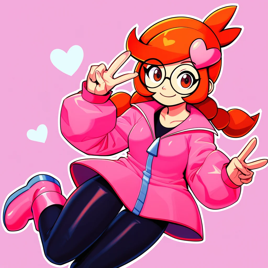 score_9_up, score_8_up, score_7_up, score_6_up, best quality, masterpiece, source_cartoon, detailed background, pink background, hearts, BREAK 1girl, solo, penny_(\warioware\), large head, orange hair, brown eyes, braids, glasses, pink hairpin, pink jacket, black pants, pink boots, long sleeves, smile, peace sign, <lora:PDXL_Penny_WW:1>