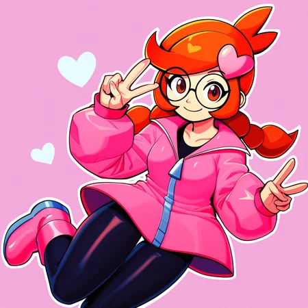 score_9_up, score_8_up, score_7_up, score_6_up, best quality, masterpiece, source_cartoon, detailed background, pink background, hearts, BREAK 1girl, solo, penny_(\warioware\), large head, orange hair, brown eyes, braids, glasses, pink hairpin, pink jacket, black pants, pink boots, long sleeves, smile, peace sign, <lora:PDXL_Penny_WW:1>