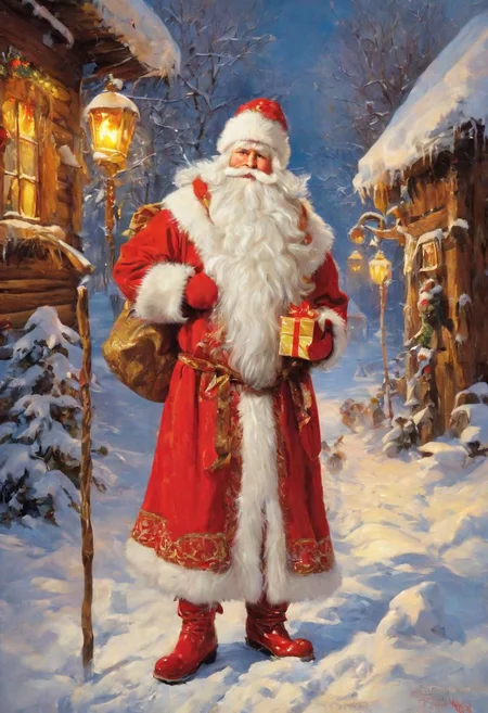 masterpiece, best quality, oil painting, dynamic pose, dynamic composition, DedMoroz, 1boy, stern face of an old man, thick eyebrows, kind eyes, long beard, large bag with gifts on your back, (red high boots:1.5), frozen, ice, ice staf, peasant huts, village street, glowing windows, snow, frost New year's night, ultradetailed, <lora:DedMoroz:1>, Viktor Vasnetsov
