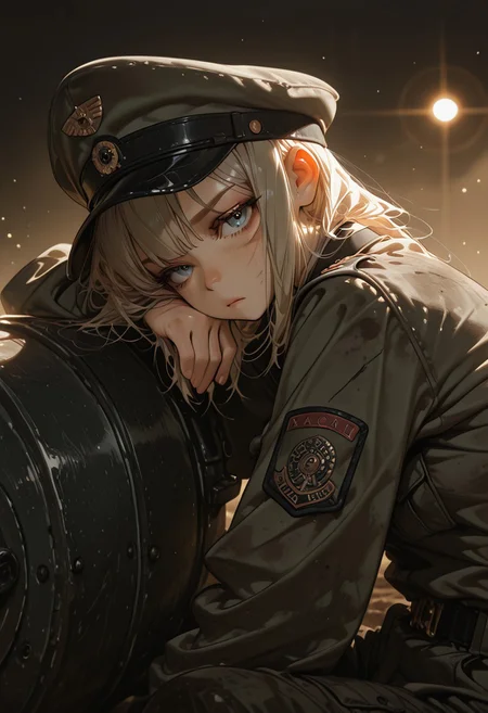 masterpiece, best quality, very aesthetic, absurdres, ambient light, soft light, SagawaStyle, Rapscallionstyle, HANA4,
1girl, solo, Military uniform girl Leaning against a tank, facing sideways, Dirt stains, scratches, hat looking at viewer