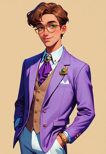score_9, score_8_up, score_7_up, mgas, masterpiece, best quality, detailed eyes, detailed face, perfect eyes, high detailed, absurdres, highres, casual game art, mobile game art, merge 3 game art, character design, BREAK 1boy, man, mature, solo, smug, attractive, light brown hair, short hairstyle, green eyes, round black-rimmed glasses, white shirt under the jacket, purple silk tie, light purple knitted vest over the shirt, light brown jacket with 3 round small buttons on the cuffs, fake pockets on the jacket, white trousers, gold snake brooch on a tie, a gold chain bracelet on his right hand, BREAK holding on to the lapel of his jacket with both hands, standing, cowboy shot, looking to the left, BREAK simple background, white background