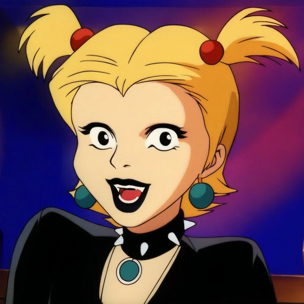 1girl, solo, looking at viewer, smile, open mouth, blonde hair, hair ornament, holding, twintails, jewelry, upper body, earrings, choker, necklace, black eyes, black dress, collar, makeup, black choker, hair bobbles, lipstick, short twintails, spikes, retro artstyle, spiked collar, black lips
, hex_dusk