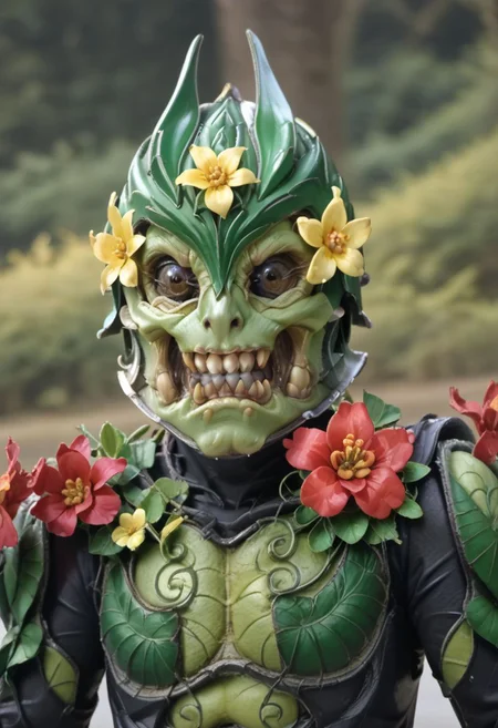 demonrace, upper body, flower, teeth, helmet, colored skin