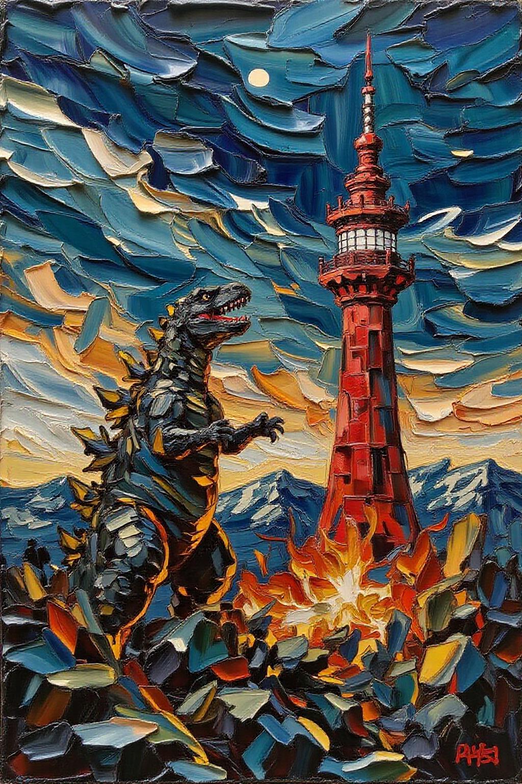impasto oil painting. 
Godzilla breathing fire on Tokyo tower  <lora:impasto_nocap_d6a3:1.0> <lora:Flux-Sch-SingleBlocks-BF16:1.0><lora:802455081229234833:0>