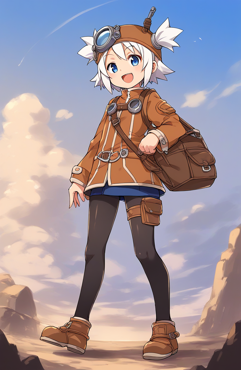 score_9, score_8_up, score_7_up, source_anime, rating_explicit, BREAK  <lora:Pratty_XL:1> Pratty, blue eyes, short hair, goggles, white hair, short twintails, hair through headwear, brown headwear, 
1girl, solo, pantyhose, full body,  open mouth, smile,  tachi-e, black pantyhose, long sleeves, bag, skirt, short twintails, looking at viewer, standing, blue eyes, thigh strap, :d
standing, cowboy_Shot
outdoor, sky,