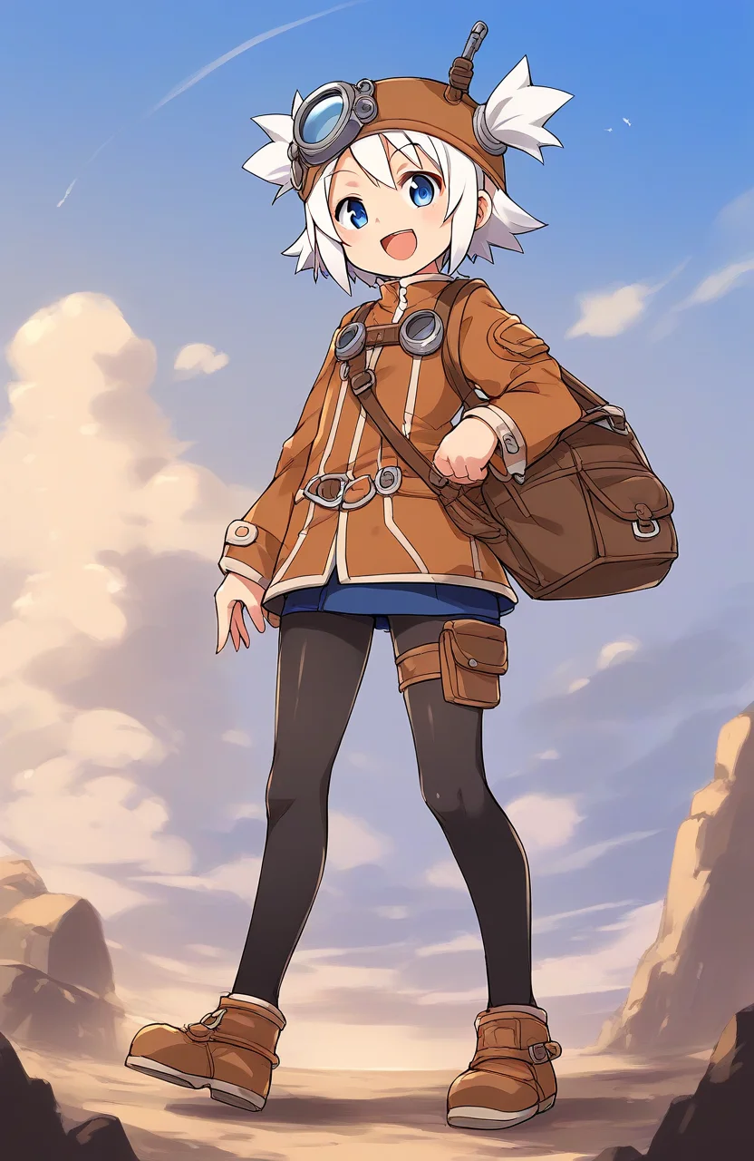 score_9, score_8_up, score_7_up, source_anime, rating_explicit, BREAK <lora:Pratty_XL:1> Pratty, blue eyes, short hair, goggles, white hair, short twintails, hair through headwear, brown headwear,
1girl, solo, pantyhose, full body, open mouth, smile, tachi-e, black pantyhose, long sleeves, bag, skirt, short twintails, looking at viewer, standing, blue eyes, thigh strap, :d
standing, cowboy_Shot
outdoor, sky,
