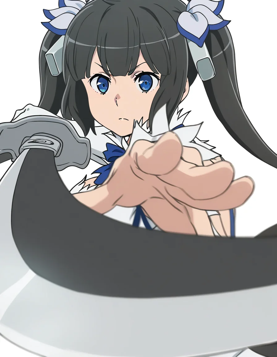 masterpiece, best quality, newest, absurdres, highres, safe,, <lora:danmachi-hestia-anime-ponyxl-lora-nochekaiser:1>, hestia, hestia (danmachi), blue eyes, black hair, twintails, large breasts, anime screencap, <lora:gatotsu-stance-illustriousxl-lora-nochekaiser:1>, gatotsu stance, weapon, sword, katana, holding weapon, holding, holding sword, foreshortening, japanese clothes, kimono, looking at viewer,, ,
