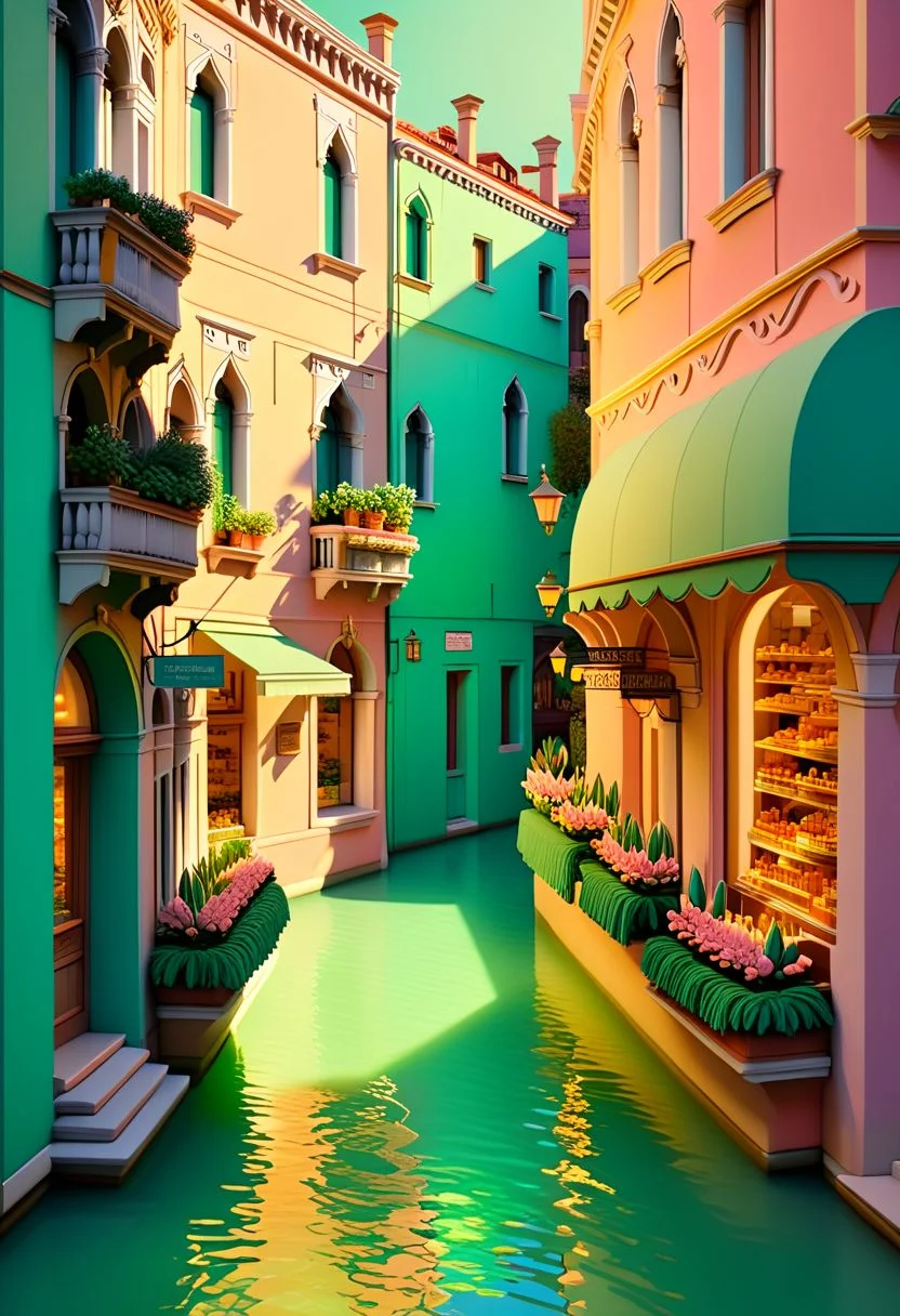 ispzxll, no humans, dioramaplant, isometric, miniature, futuristic soviet-inspired venice building street scene, seaform-green and pale-pink pastel colors, golden hour, long shadows, volumetric lighting style, pedestrians, cars, storefronts, epic architecture, intricate details, potted plants, ultra-detailed, 8k