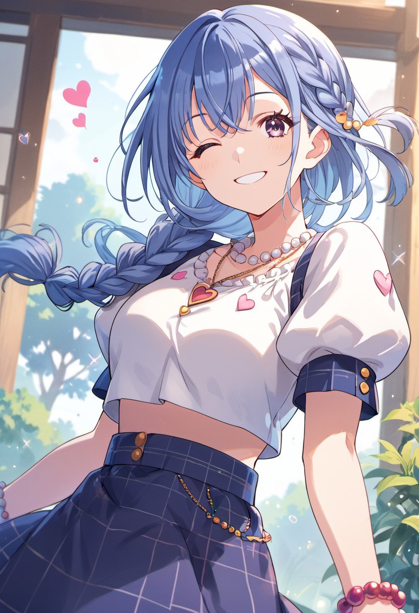 score_9, score_8_up, score_7_up, source_anime, suzuki hana, long hair, blue hair, purple eyes, 1girl, one eye closed, skirt, solo, beads, jewelry, braid, necklace, crop top, smile, heart, puffy sleeves, short sleeves, looking at viewer