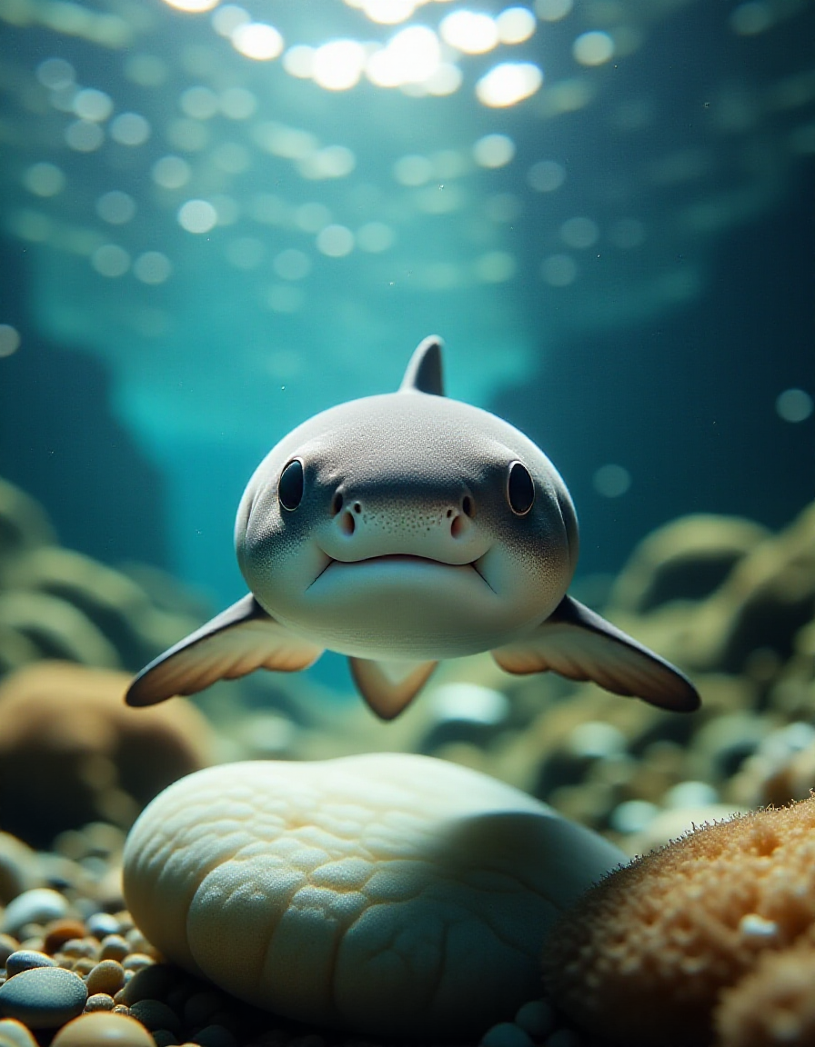 small zhibi shark, underwater, looking at viewer, depth of field <lora:zhibi_flux:1>