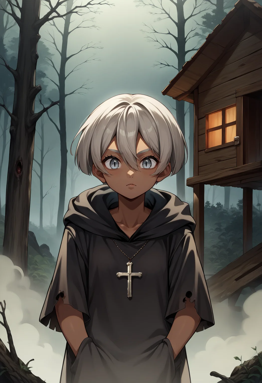 score_9, score_8_up,score_7_up, source_anime, 1girl, solo, <lora:EPpkBea:1>, short hair, grey hair, dark-skinned female, dark skin, hair between eyes, grey eyes, Saitou, vampire slayer, cross, cabin, woods, fog, horror \(theme\),