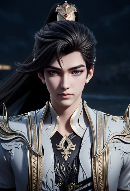 perfect anatomy, perfect face and hands, smooth, sharp, perfect composition, UHD, 16k, trending on artstation, detailed and ornate, ((detailed eyes)), masterpiece, (focus on face), ((super detailed anatomic beautiful face)), cowboy shot, shihao, 1boy, solo, white dress, black hair, ponytail, long hair, blue eyes, dark night background