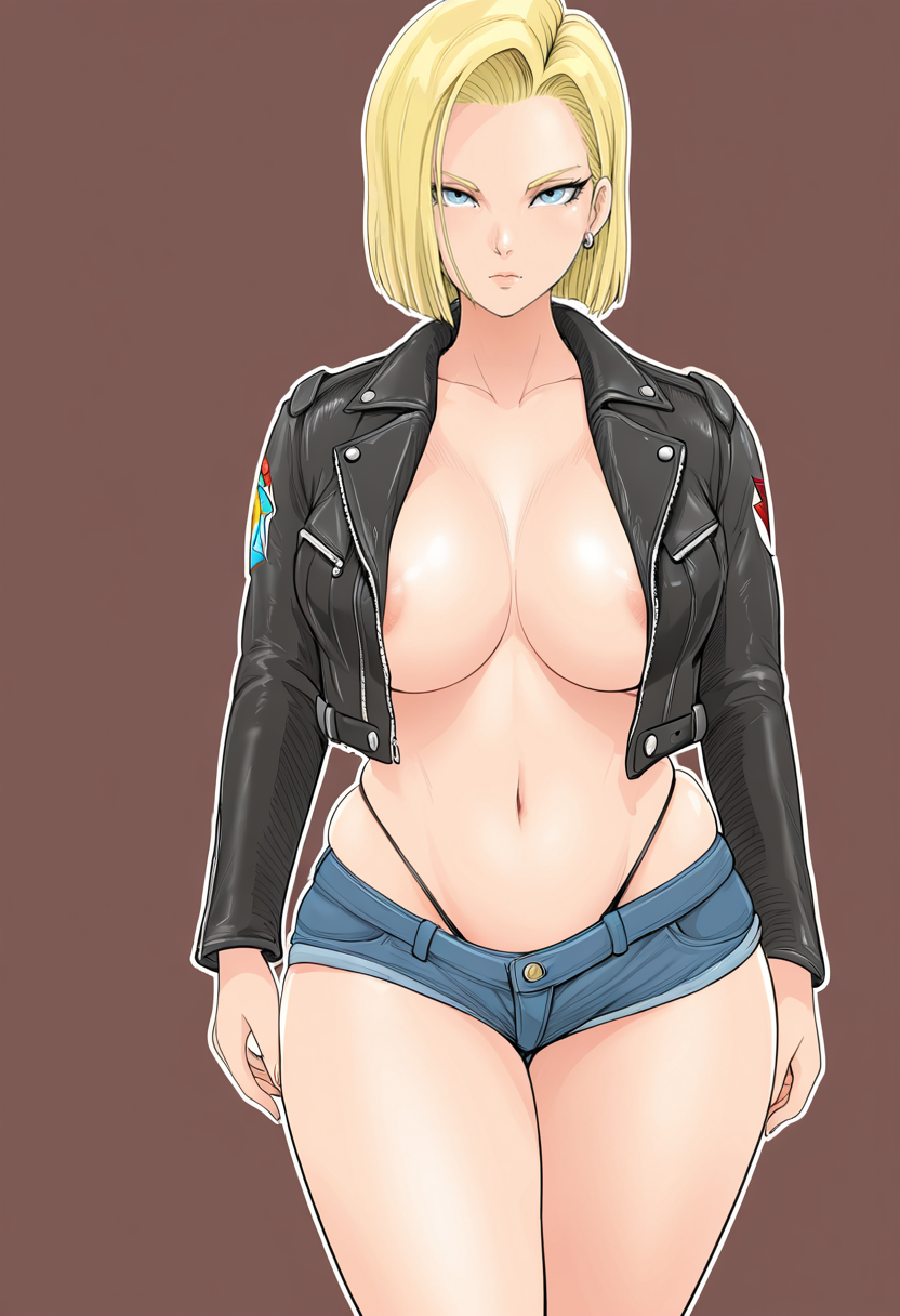 masterpiece, best quality, 
1girl, solo, 
Dutch angle
android 18, blonde hair, short hair, blue eyes,  
denim shorts, short shorts, skindentation, leather jacket, thong, open jacket, areola slip, navel, 
looking at viewer, 
simple background, dark brown  background, outline, 
 <lora:raikageart:1> r41k4g34rt,