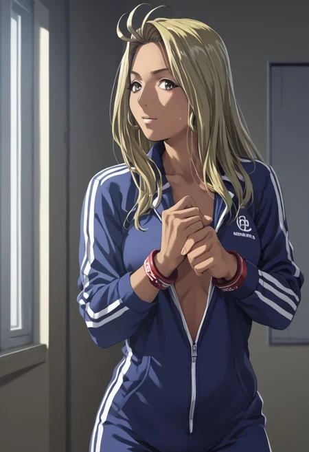 score_9,score_8_up,score_7_up, 1girl, Mayumi_Wakabayashi, blonde hair, long_hair, solo, (dark_skin,:1.2) , blue tracksuit with white stripes and white red cuffs, <lora:CrossswimsuitXL_epoch_6:0.99>, looking_at_viewer, dressing_room, , (high quality, detailed, beautiful),