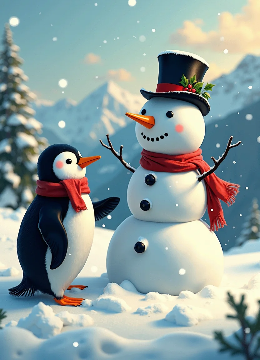 analog film photo a photograph of a penguin in a serene winter wonderland, with a snowman standing proudly in the center of the frame, its chunky body composed of several large snowballs stacked on top of each other, each one intricately detailed with texture and visual interest. The penguin, dressed in a dapper top hat and scarf, stands beside the snowman, its flippers clasped together in excitement, as it surveys its handiwork with a satisfied expression. The camera is positioned at a slight angle, capturing the penguin's endearing face and the snowman's majestic presence from a 45-degree perspective.
The lighting is soft and warm, with a gentle golden glow that bathes the entire scene in a cozy ambiance, as if the sun is shining down upon the penguin's snowy creation. The snow itself is rendered in exquisite detail, with delicate crystals and intricate patterns that evoke a sense of depth and dimensionality. The surrounding landscape is blurred, with only subtle hints of frosty trees and distant hills visible through the soft focus.
The color palette is muted, with a predominance of blues and whites, evoking a sense of winter wonderland magic. The penguin's tuxedo-like feathers are rendered in rich, velvety blacks and snowy whites, while its bright orange beak pops against the drabber tones of the snowman's body. The top hat is adorned with a delicate sprig of holly, adding a touch of festive whimsy to the overall scene.
The artistic style is reminiscent of classic children's illustrations, with bold lines, vibrant colors, and a playful energy that captures the penguin's infectious joy. The brushstrokes are confident and expressive, with visible textures and patterns that add depth and visual interest to the image.
Technical specifications: Capture the image in RAW format, with a resolution of 5000 x 3750 pixels, using a high-quality digital camera with a wide-angle lens, and a focal length of approximately 24mm. Use a slow shutter speed of 1/30s to capture the blur and movement in the scene, while maintaining a sharp focus on the penguin's face and the snowman's body. Employ advanced post-processing techniques to enhance the colors, contrast, and textures, with a subtle warmth and glow that enhances the overall ambiance.
Photorealistic details: Add intricate patterns and details to the penguin's feathers, such as subtle sheen and texture, as well as delicate veins on its wings. Include realistic snowflakes and crystals in the surrounding landscape, with a focus on capturing their unique shapes and structures. Render the top hat and scarf in exquisite detail, with visible stitching and embroidery patterns that add depth and visual interest to the image. . faded film, desaturated, 35mm photo, grainy, vignette, vintage, Kodachrome, Lomography, stained, highly detailed, found footage