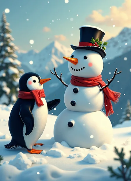 analog film photo a photograph of a penguin in a serene winter wonderland, with a snowman standing proudly in the center of the frame, its chunky body composed of several large snowballs stacked on top of each other, each one intricately detailed with texture and visual interest. The penguin, dressed in a dapper top hat and scarf, stands beside the snowman, its flippers clasped together in excitement, as it surveys its handiwork with a satisfied expression. The camera is positioned at a slight angle, capturing the penguin's endearing face and the snowman's majestic presence from a 45-degree perspective.
The lighting is soft and warm, with a gentle golden glow that bathes the entire scene in a cozy ambiance, as if the sun is shining down upon the penguin's snowy creation. The snow itself is rendered in exquisite detail, with delicate crystals and intricate patterns that evoke a sense of depth and dimensionality. The surrounding landscape is blurred, with only subtle hints of frosty trees and distant hills visible through the soft focus.
The color palette is muted, with a predominance of blues and whites, evoking a sense of winter wonderland magic. The penguin's tuxedo-like feathers are rendered in rich, velvety blacks and snowy whites, while its bright orange beak pops against the drabber tones of the snowman's body. The top hat is adorned with a delicate sprig of holly, adding a touch of festive whimsy to the overall scene.
The artistic style is reminiscent of classic children's illustrations, with bold lines, vibrant colors, and a playful energy that captures the penguin's infectious joy. The brushstrokes are confident and expressive, with visible textures and patterns that add depth and visual interest to the image.
Technical specifications: Capture the image in RAW format, with a resolution of 5000 x 3750 pixels, using a high-quality digital camera with a wide-angle lens, and a focal length of approximately 24mm. Use a slow shutter speed of 1/30s to capture the blur and movement in the scene, while maintaining a sharp focus on the penguin's face and the snowman's body. Employ advanced post-processing techniques to enhance the colors, contrast, and textures, with a subtle warmth and glow that enhances the overall ambiance.
Photorealistic details: Add intricate patterns and details to the penguin's feathers, such as subtle sheen and texture, as well as delicate veins on its wings. Include realistic snowflakes and crystals in the surrounding landscape, with a focus on capturing their unique shapes and structures. Render the top hat and scarf in exquisite detail, with visible stitching and embroidery patterns that add depth and visual interest to the image. . faded film, desaturated, 35mm photo, grainy, vignette, vintage, Kodachrome, Lomography, stained, highly detailed, found footage