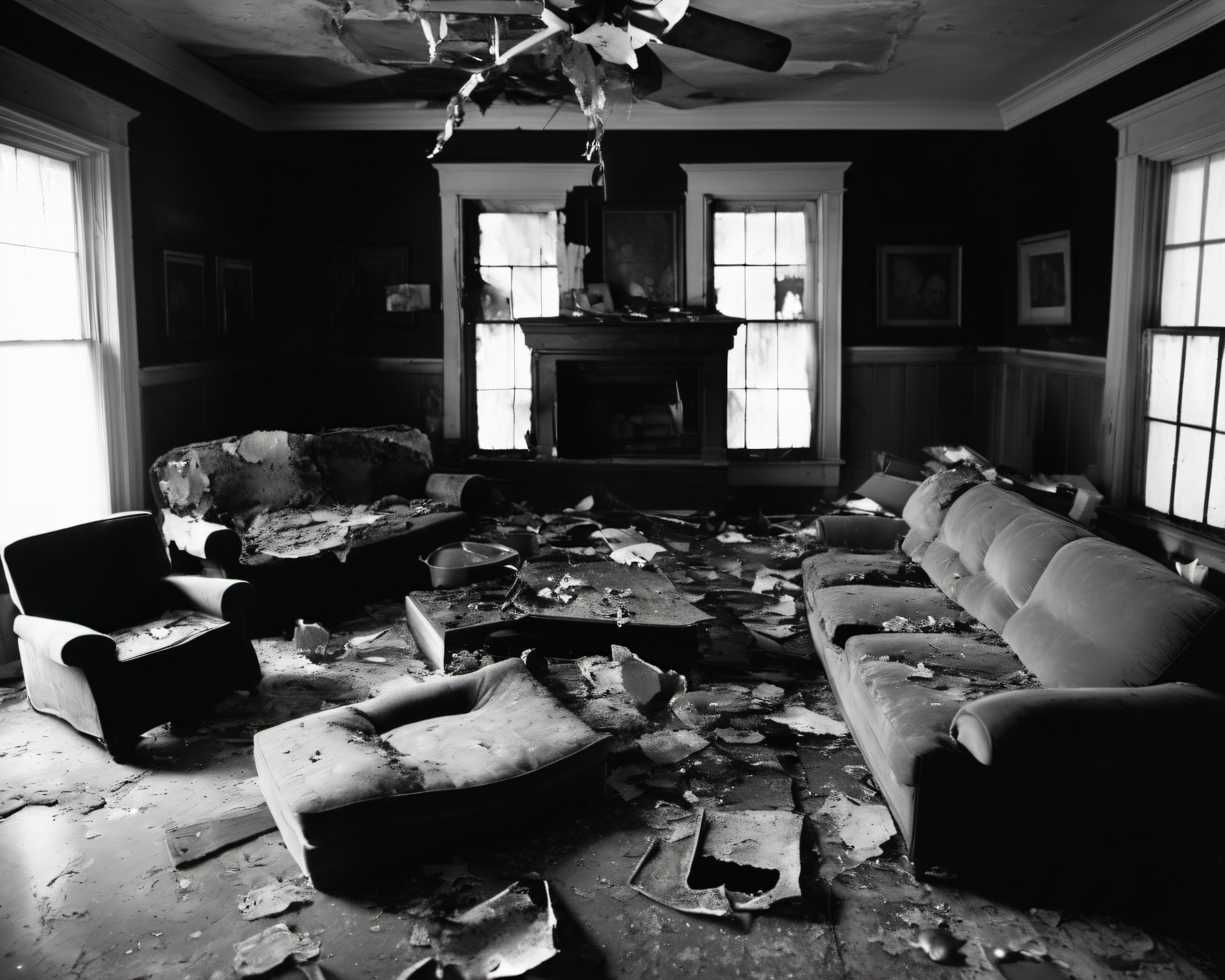 on a post-apocalyptic living room, torn sofas, shattered tv, faded family photographs, worn carpet.  , by Sally Mann, SZ_4poXL enviroment   <lora:Post ApocalypticXL_v2:0.6>