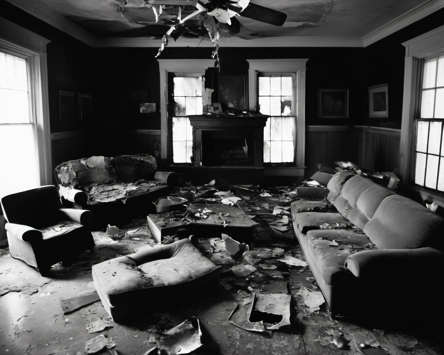 on a post-apocalyptic living room, torn sofas, shattered tv, faded family photographs, worn carpet.  , by Sally Mann, SZ_4poXL enviroment   <lora:Post ApocalypticXL_v2:0.6>
