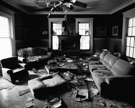 on a post-apocalyptic living room, torn sofas, shattered tv, faded family photographs, worn carpet.  , by Sally Mann, SZ_4poXL enviroment   <lora:Post ApocalypticXL_v2:0.6>