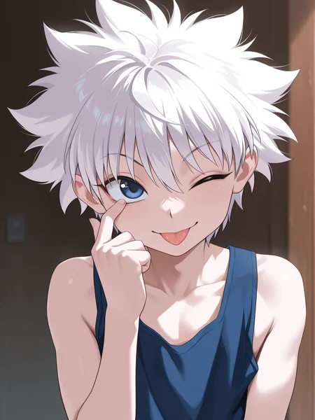 masterpiece, best quality, amazing quality, 1boy, solo, <lora:IlluKillua:1> illukillua, white hair, blue eyes, upper body, tank top, tongue out, (akanbe:2), smile, eyelid pull, left eye closed