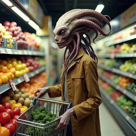 bizarre female alien creature with tentacles and a large bony forehead crest, dressed like a suburban mother, pushing a shopping cart shopping for groceries in a grocery store, strange alien fruits and vegetables, photo