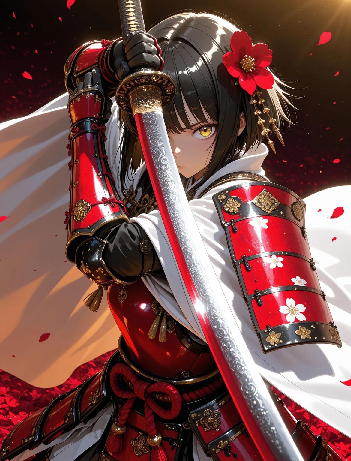 masterpiece, best quality, amazing quality, very aesthetic, high resolution, ultra-detailed, absurdres, newest, volumetric lighting, scenery, official art,
general, engraved, engraving, threat, close-up,
weapon, (katana,:1.2) holding, holding weapon, holding sword, holding katana, engraved katana, fighting stance, two-handed,
1girl, solo, looking at viewer, (headgear,:1.2) saishi,
japanese armor, dou, sidelighting,
short hair, yellow eyes, black hair, hair ornament, gloves, flower, black gloves, hair flower, gloves, cape, red armor, petals, falling petals, floral print, shoulder armor, gauntlets, white cape, vambraces, kusazuri,
outdoors,
metalic, shadow, chiaroscuro,
volumetric lighting, <lora:engraved v2:1.1>