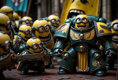 space marine. A double-eyed Minion dressed in battle-worn Space Marine armor, chipped but proudly showing Minion insignia and banana-themed purity seals. The Minion is without a helmet (no helmet:2.0), showcasing their iconic Minion goggles, expressive eyes, and wide smile. The Minion is wielding a massive chainsword, decorated with banana symbols and gold accents. The Minion is depicted in a scene such as: posing beside a Minion Dreadnought with a massive painted grin, both standing heroically. The Minion's expression is shouting fiercely with eyes wide, adding to the comical feel. The scene should be depicted in a colorful but gritty Warhammer 40k style, with bright yellows and blues to emphasize the Minionsâ classic color scheme. The armor and weapons are detailed with ornate designs, but humor is maintained through Minion-themed accessories and comical touches. Witty details include: a small Minion carrying an oversized banner, visibly struggling to keep it upright. Background elements should resemble classic Warhammer 40k settings but with a humorous Minion twist, such as: an Imperial Knight with a giant Minion face painted on its chest, wielding an overly large foam sword for comedic effect. , <lora:sm2.safetensors:1.0:1.0>