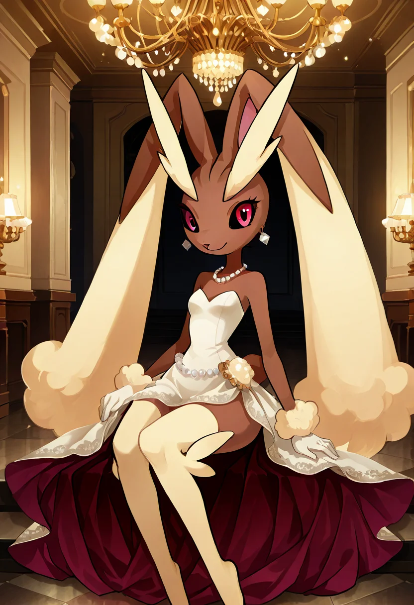 masterpiece, best quality, no humans, smile, looking at viewer, narrow waist, wide hips, sitting,    [Elegant Night Gala], zzLopunny, light brown fur, long ears, slender figure, 1girl, solo, floor-length gown, lace details, pearl necklace, diamond earrings, satin gloves, chandelier, ballroom, soft golden lighting â zzLopunny glides across the grand ballroom floor, her floor-length gown flowing behind her in elegant waves. Lace details shimmer under the soft golden light from the chandelier above, while her pearl necklace and diamond earrings catch the eye with every graceful movement. Her long ears flicker gently as she dances with poise, the quiet elegance of the night filling the air.   <lora:LopunnyPokedex_IXL:1.0>,  C0utur3Cr4z3, <lora:CoutureCraze_IXL:0.6>,
