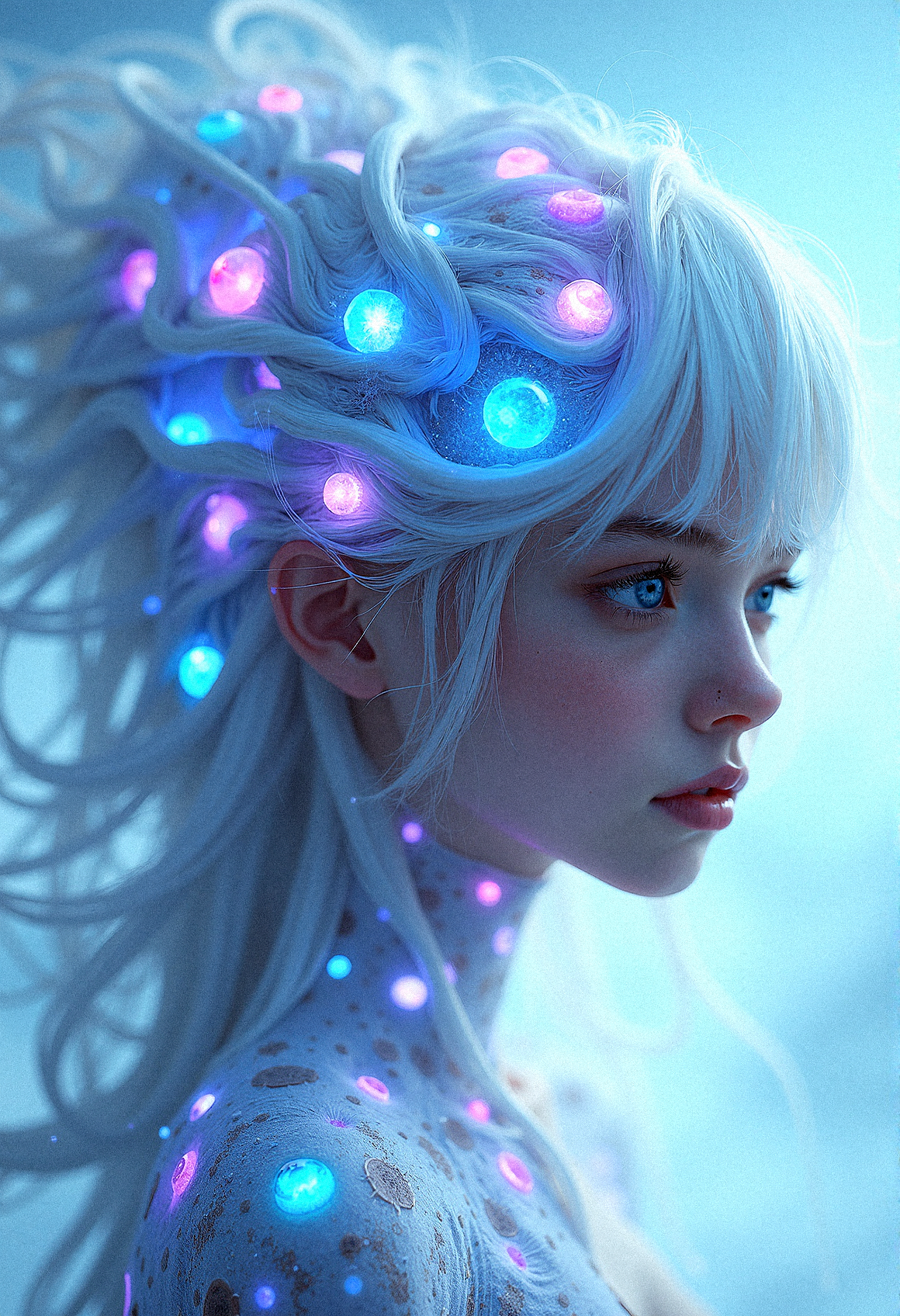 a photorealistic portrait of an ethereal entity with an intricate arrangement of tendril-like hair embedded with a multitude of glowing eyes, each one in varying shades of blue, purple, and pink. Her face should be youthful and serene, with large, luminous eyes that reflect the colors of those around her, hinting at a mystical awareness. Her hair, or tendrils, should cascade around her shoulders, possessing a smooth, almost liquid texture that shifts in color and catches the light in subtle, fluid movements. The background should be a gradient of pale blues and whites, giving the impression of an infinite, dreamlike space. Every eye embedded in her hair should be rendered with hyper-realistic detail, with the light reflections adding an eerie and captivating quality to the overall composition.


