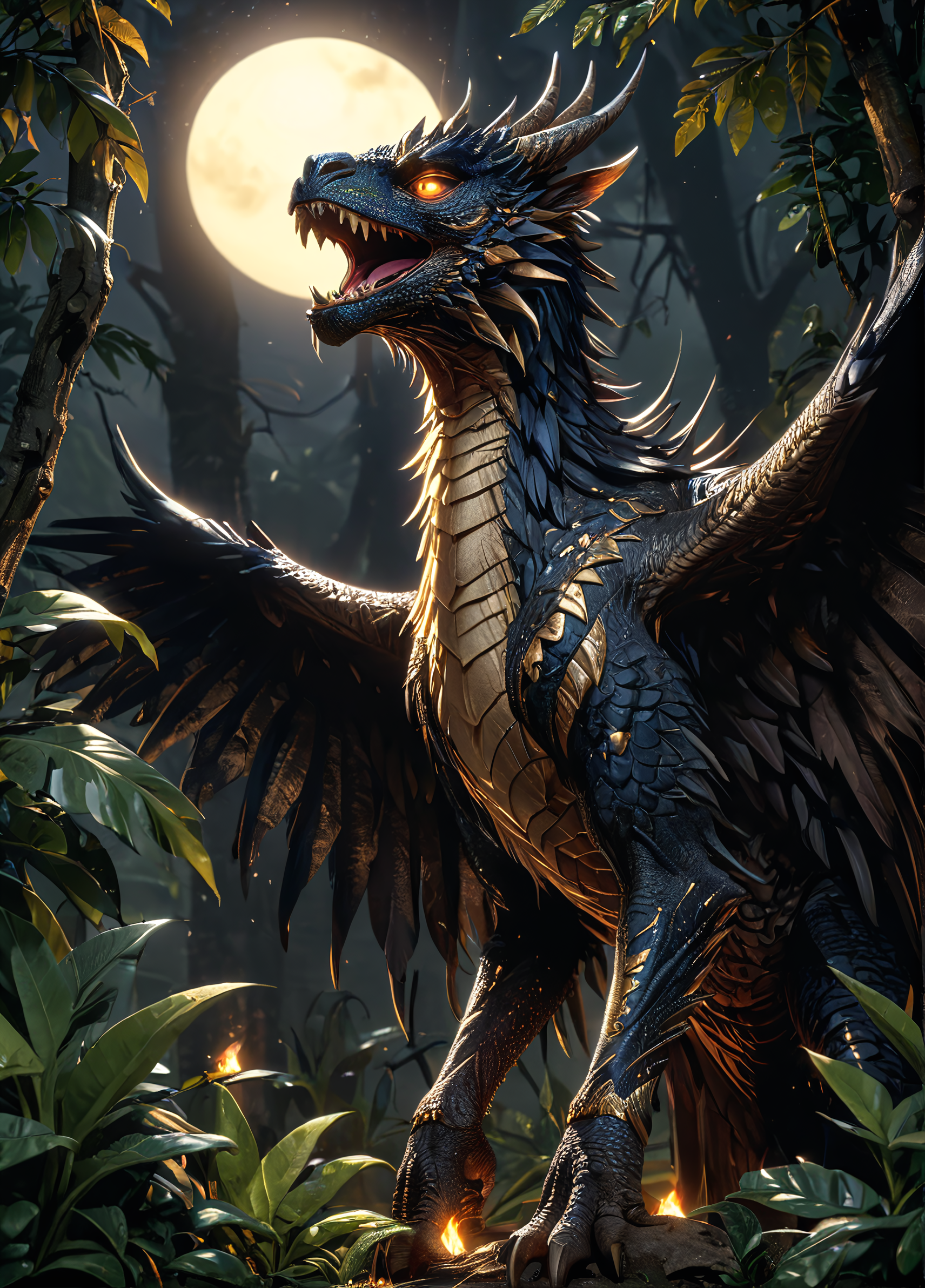 breathtaking monster hunter kulve taroth, in a jungle at night, fog, quarter moon,  <lora:DetailedEyes_V3:1.0>,  <lora:The_Pulp_Session:1>, . award-winning, professional, highly detailed