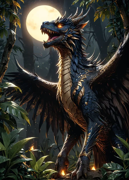 breathtaking monster hunter kulve taroth, in a jungle at night, fog, quarter moon,  <lora:DetailedEyes_V3:1.0>,  <lora:The_Pulp_Session:1>, . award-winning, professional, highly detailed