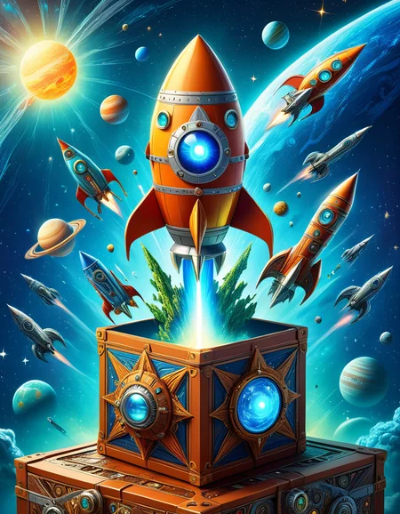 Monster in a box, high quality, masterpiece, rocket ship in a planet themed box design, elaborate fantasy style art, intricate details, ultra sharp, backlit, exquisite detail <lora:Monster_in_a_Box_SDXL:1>