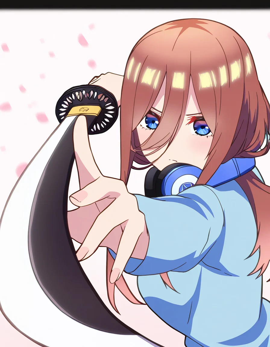 masterpiece, best quality, newest, absurdres, highres, safe,, <lora:miku-nakano-s2-ponyxl-lora-nochekaiser:1>, miku nakano, long hair, bangs, blue eyes, brown hair, hair between eyes, headphones, headphones around neck, large breasts, anime screencap, <lora:gatotsu-stance-illustriousxl-lora-nochekaiser:1>, gatotsu stance, weapon, sword, katana, holding weapon, holding, holding sword, foreshortening, japanese clothes, kimono, looking at viewer,, ,