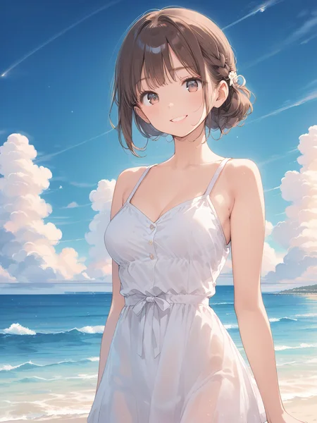 abs zPDXL, score_9, score_8_up, score_7_up, source_anime, rating_questionable, best quality, masterpiece, 4k, perfect lighting, BREAK 1girl, cpp_dice, brown hair, medium breasts, white sundress, smile, beach, ocean, <lora:cpp_dice-000146:0.6> <lora:half up braid_pony_V1.0:0.6> half up braid <lora:granblue_fantasy_v2:0.2> gbfpxnl <lora:anmiXLP6lokrV3236F8:0.2>