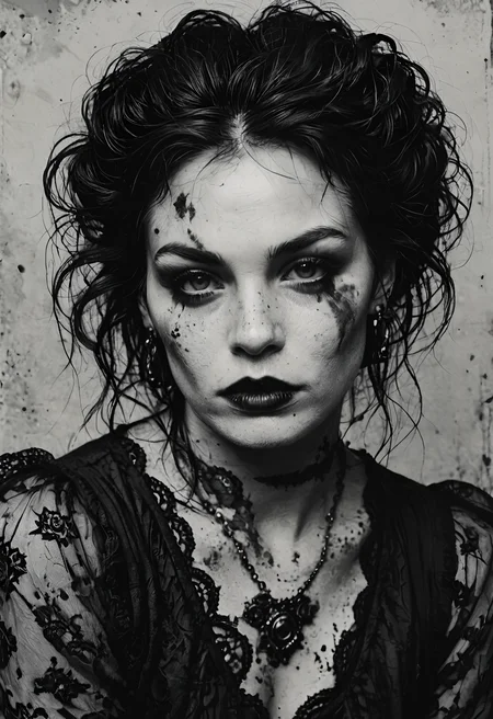 score_9, score_8_up, score_7_up, source_photo, gothic, monochromatic, monochrome, muted_color, digital photography, flat colors, vintage dirt, artifacts, heavy film grain, 1girl, mature_female, dark atmosphere, eerie, High-angle leaning shot, rating_safe, <lora:pony\test\Gothic_Grain_Pony:1.0000000000000002>